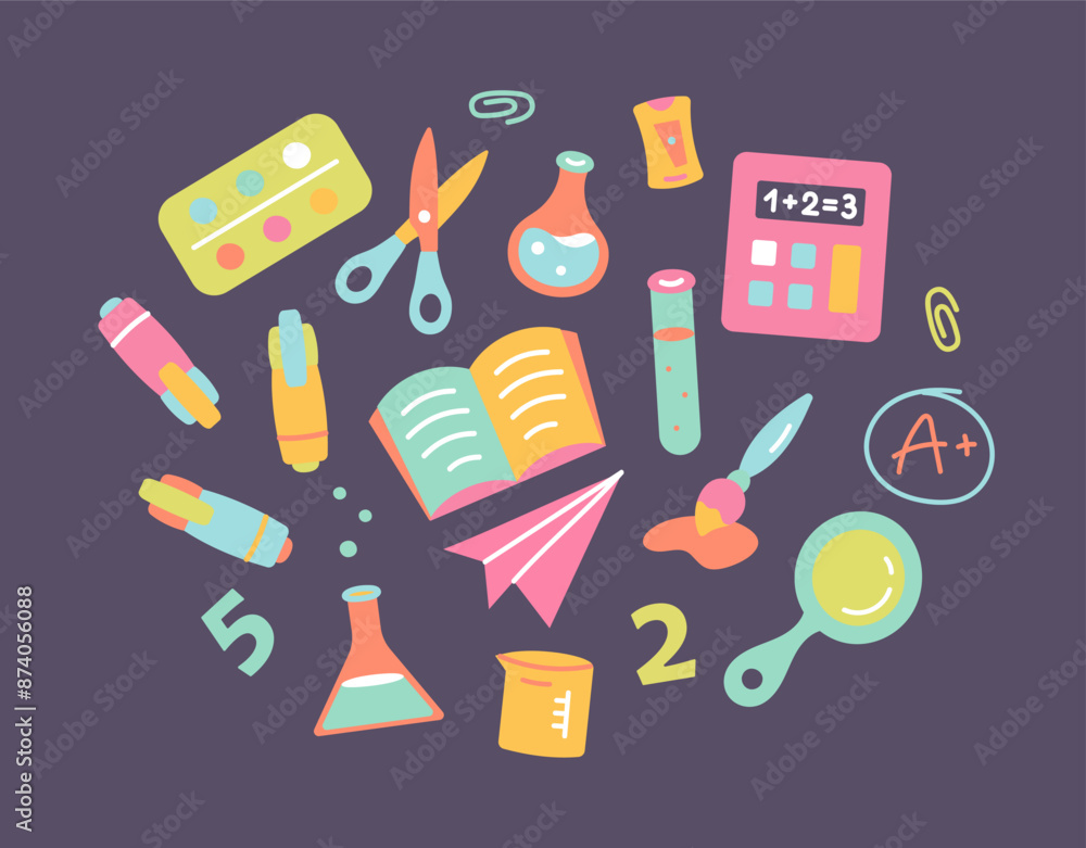 School supplies set. Set cartoon back to school stickers. School supplies back to school. Books, Paints, Markers, Flasks, Calculator, Magnifying glass, Scissors, Brush. Trendy isolated illustrations School supplies set. Set cartoon back to school stickers. School supplies back to school. Books, Paints, Markers, Flasks, Calculator, Magnifying glass, Scissors, Brush. Trendy isolated illustrations