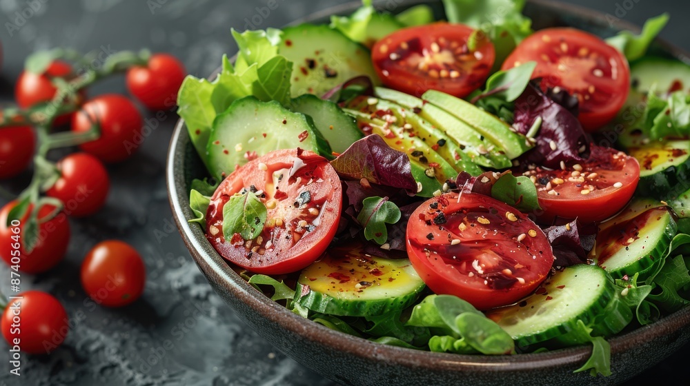 Fresh and Colorful Salad Bowl with Mixed Greens, Tomatoes, Cucumbers, Avocados, and Olive Oil on White Background Fresh and Colorful Salad Bowl with Mixed Greens, Tomatoes, Cucumbers, Avocados, and Olive Oil on White Background