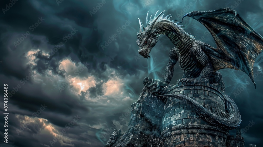 A majestic silver dragon with outstretched wings stands on a stone platform, silhouetted against a stormy sky. A majestic silver dragon with outstretched wings stands on a stone platform, silhouetted against a stormy sky.