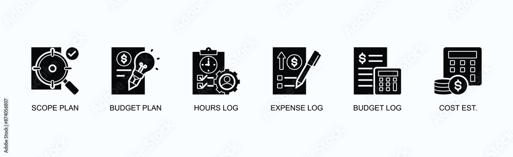 Project Management Documents Banner Web Icon Vector Illustration Concept With Scope Plan, Budget Plan, Hours Log, Expense Log, Budget Log, Cost Est. Project Management Documents Banner Web Icon Vector Illustration Concept With Scope Plan, Budget Plan, Hours Log, Expense Log, Budget Log, Cost Est.