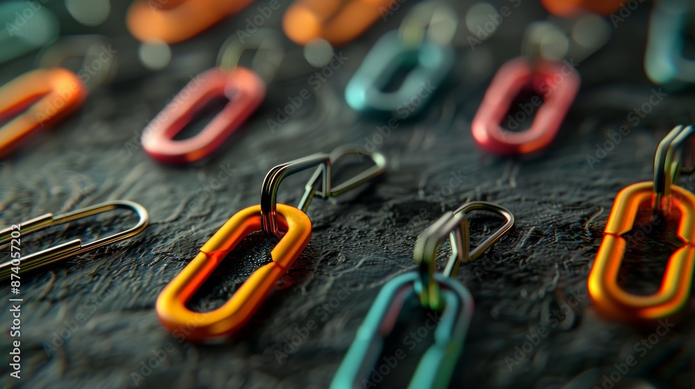 A minimalist business concept with a group of paperclips on canvas, with one facing the opposite direction. A minimalist business concept with a group of paperclips on canvas, with one facing the opposite direction.