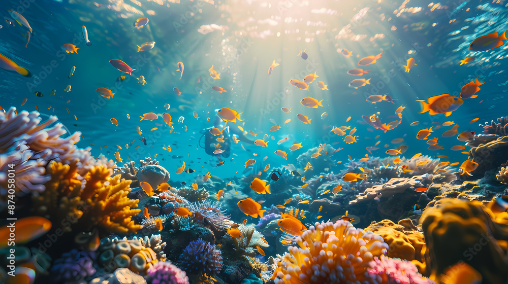 Taking a scuba dive in crystal clear tropical waters, exploring vibrant coral reefs and marine life, with colorful fish swimming around, Taking a scuba dive in crystal clear tropical waters, exploring vibrant coral reefs and marine life, with colorful fish swimming around,