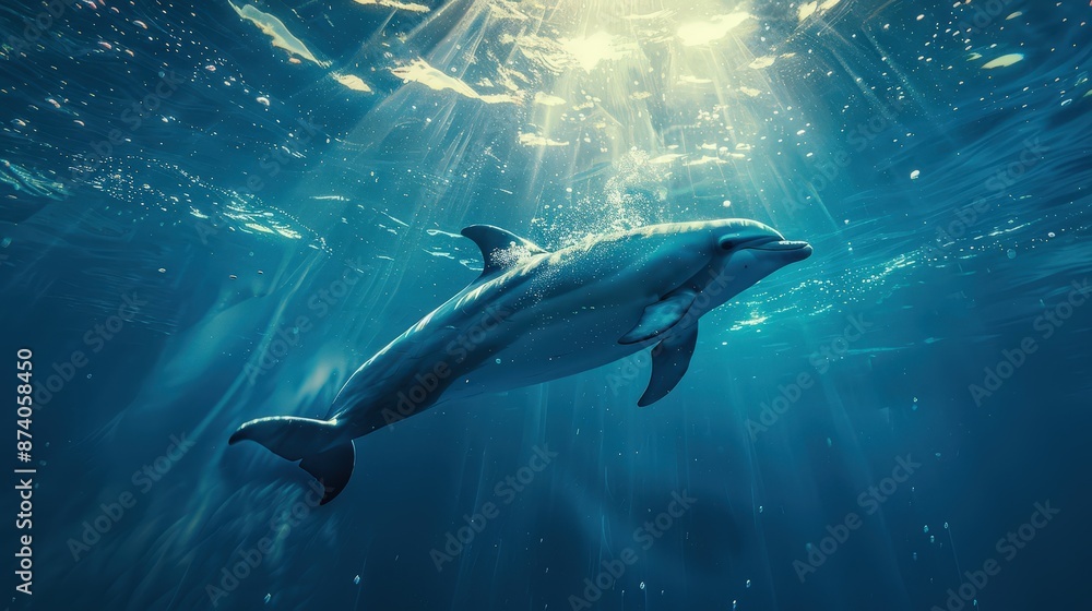 Fototapeta premium A stunning underwater photograph capturing a dolphin swimming gracefully with sunlight streaming through the water.
