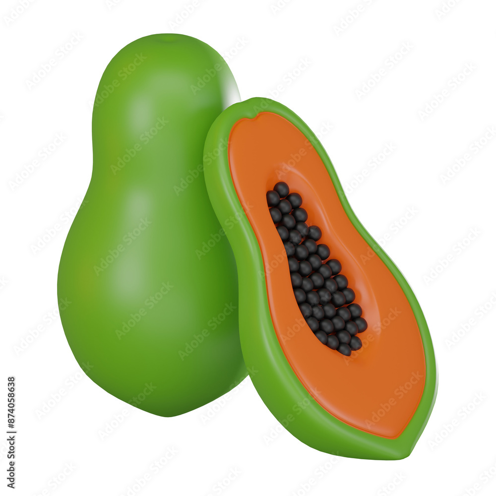 Fresh Papaya Realistic Fruit Icon for Microstock Platforms. 3D Render