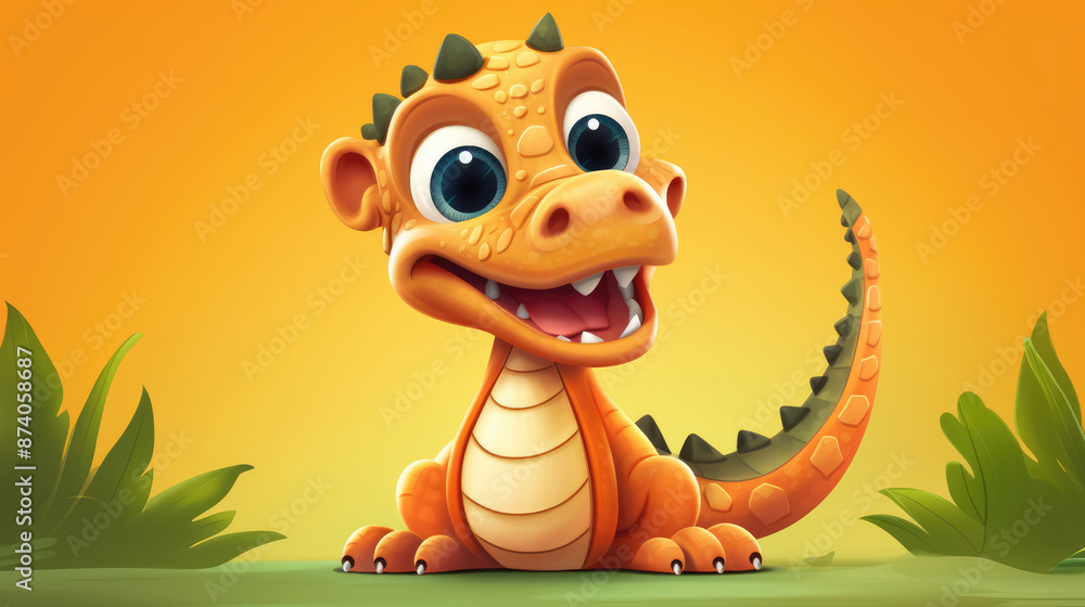 Naklejka premium illustration of Cute cartoon baby crocodile on orange background., generative ai