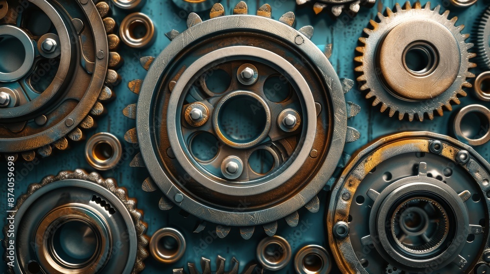 Various bearings on a metallic surface. Mechanism component. Various bearings on a metallic surface. Mechanism component.
