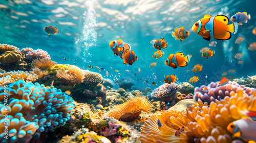 Taking a scuba dive in crystal clear tropical waters, exploring vibrant coral reefs and marine life, with colorful fish swimming around,