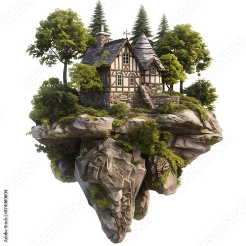 Forest Cottage on Floating Island, isolated on transparent background.