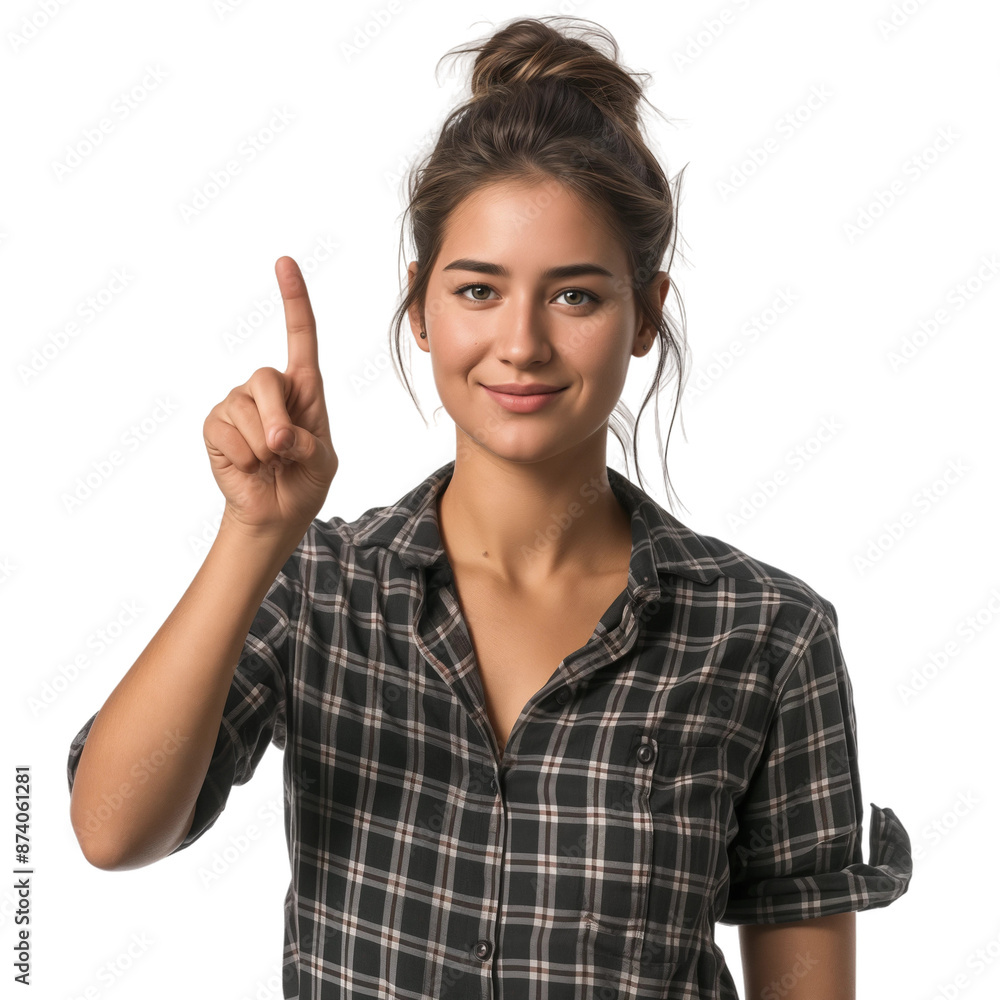 Young Woman in Checkered Shirt Pointing Upward, isolated on transparent background. Young Woman in Checkered Shirt Pointing Upward, isolated on transparent background.