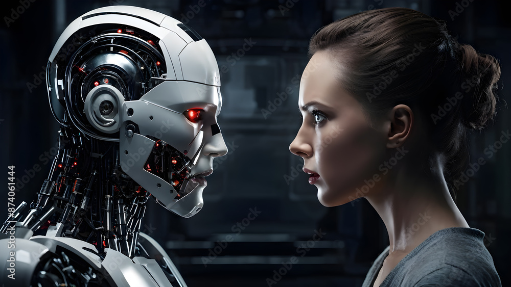 Fototapeta premium Human vs Robot confrontation of Humanity and Artificial Intelligence