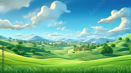 Wallpaper Mural Landscape with green hills and blue sky. 3d illustration., generative ai Torontodigital.ca