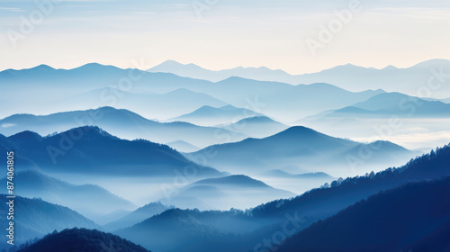 Mountain range with visible silhouettes through the morning fog., generative ai