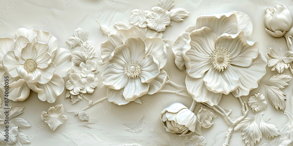3D relief flowers wallpaper with intricate details and elegant design in off white color and Mural wallpaper. 3D relief flowers wallpaper with intricate details and elegant design in off white color and Mural wallpaper.
