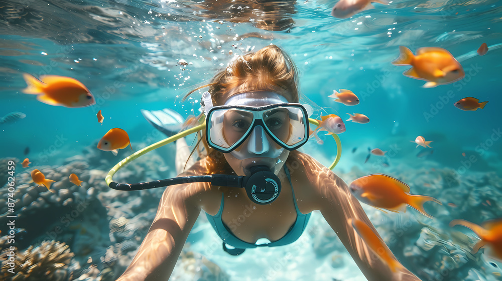Taking a scuba dive in crystal clear tropical waters, exploring vibrant coral reefs and marine life, with colorful fish swimming around, Taking a scuba dive in crystal clear tropical waters, exploring vibrant coral reefs and marine life, with colorful fish swimming around,