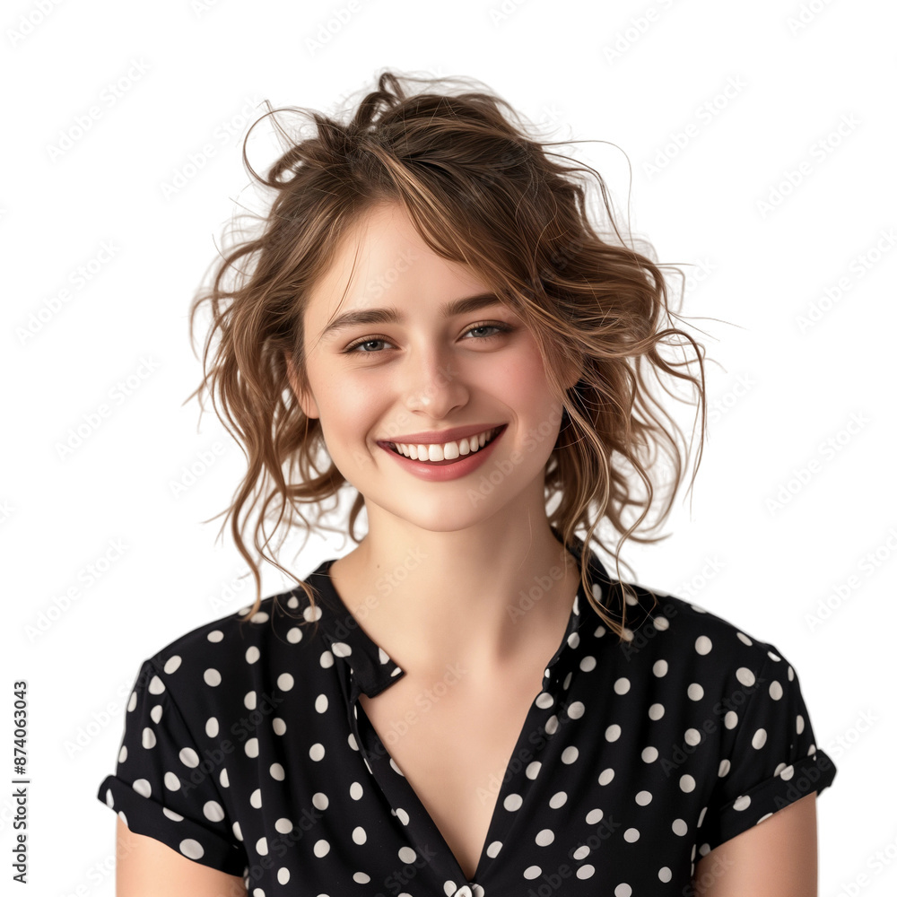 Smiling Woman in Polka Dot Shirt, isolated on transparent background. Smiling Woman in Polka Dot Shirt, isolated on transparent background.