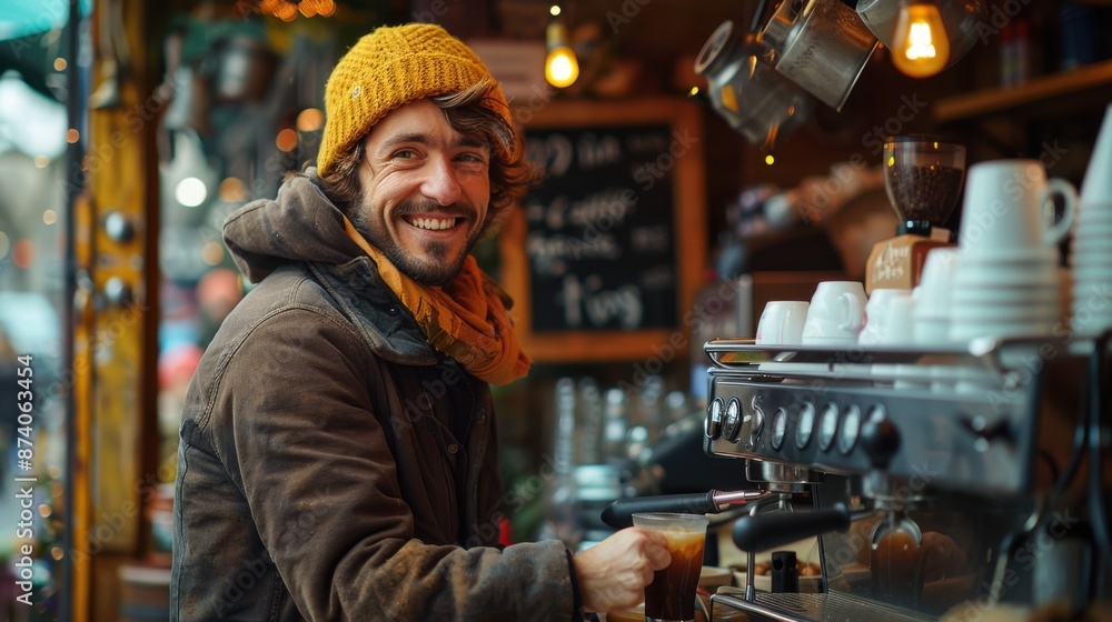 Joyful Barista at Cozy Café: Capturing Friendly Coffee Service with Warm Atmosphere Joyful Barista at Cozy Café: Capturing Friendly Coffee Service with Warm Atmosphere