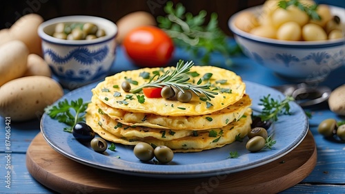 Potato omelet decorated with vegetable branch on a white ceramic plate on blue rustic wooden table, with blurred background of bread, olives and clock
