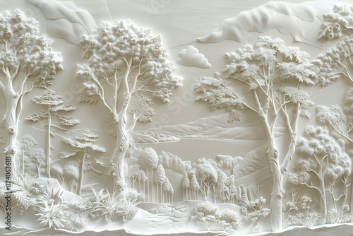 3D relief forest wallpaper with intricate details and elegant design in off white color and Mural wallpaper.