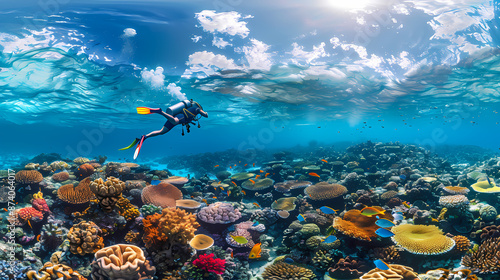 Fototapeta Naklejka Na Ścianę i Meble -  Taking a scuba dive in crystal clear tropical waters, exploring vibrant coral reefs and marine life, with colorful fish swimming around,
