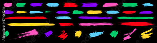 Kids brush line collection. Bright vector childish brushstrokes on black bg. Scribble shape elements for graphic design. Funky cool abstract shapes, underlines, isolated streaks, stripes, dabs,  daubs