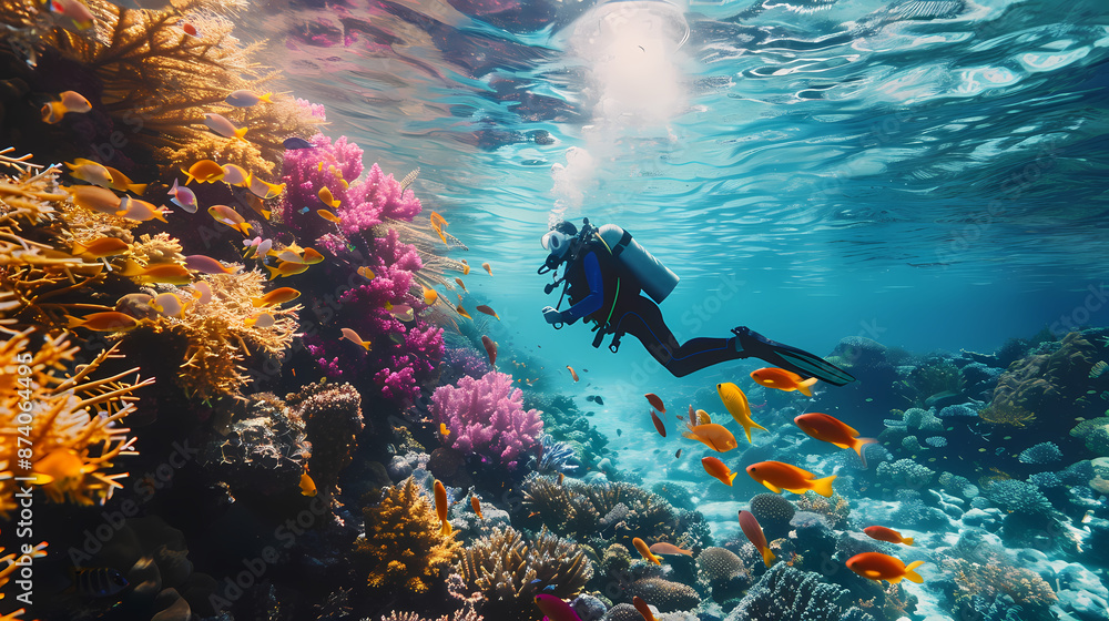 Taking a scuba dive in crystal clear tropical waters, exploring vibrant ...