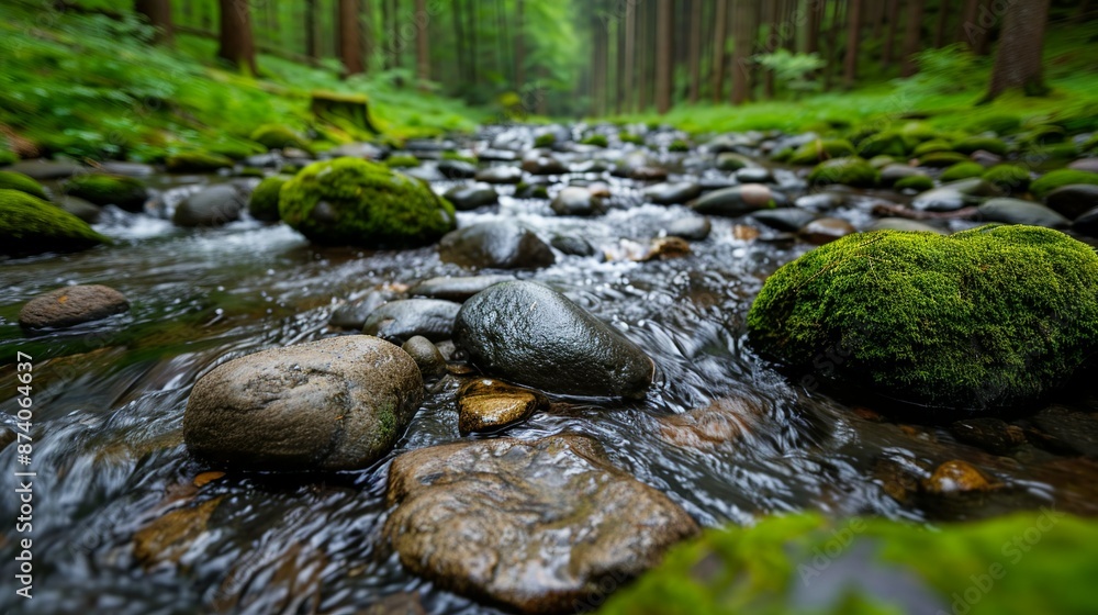 Capture serenity with a calm forest stream flowing gently through moss-covered rocks. Illustration, Image, , Minimalism, Capture serenity with a calm forest stream flowing gently through moss-covered rocks. Illustration, Image, , Minimalism,