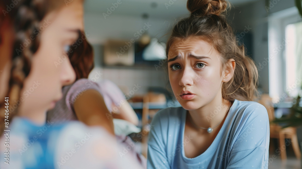 Teen girl with concerned expression sitting indoors in a casual, modern home environment.