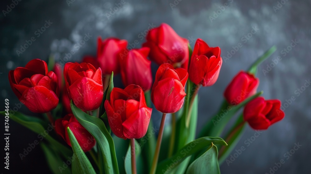 Fototapeta premium Bright Red Tulips Against Dark Background