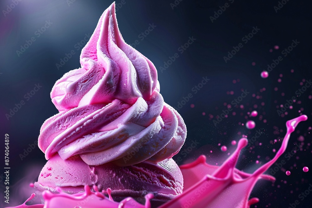 Pink Ice Cream Cones with Splashes of vibrant pink cream on dark background. Pink Ice Cream Cones with Splashes of vibrant pink cream on dark background.