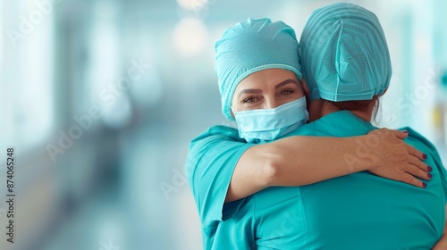 Depict compassion with a comforting embrace between a nurse and a patient in a hospital setting. Illustration, Image, , Minimalism,