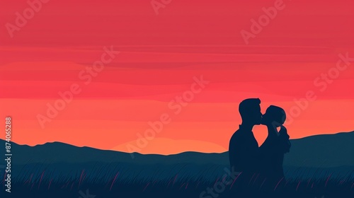 Illustrate love with a romantic couple sharing a passionate kiss in a sunlit meadow. Illustration, Image, , Minimalism,
