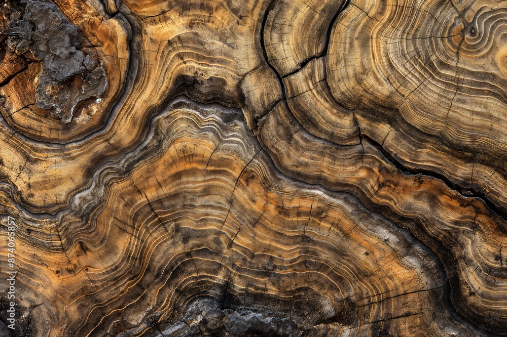 Naklejka premium Close up of intricate wood grain patterns showing growth rings on a tree trunk creating a beautiful natural background