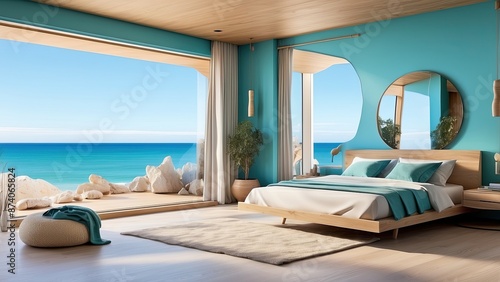 Modern bedroom of a luxurious designer beach house, with turquoise walls, light wooden bed, mirror and large windows with sea views © UZAIR