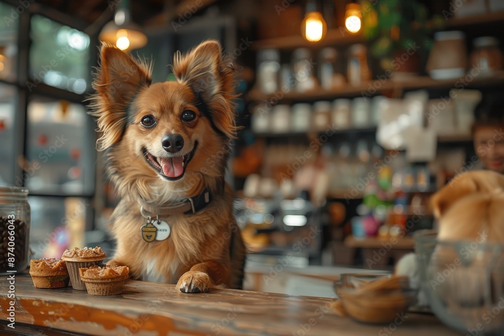 A cheerful and friendly dog stands on a counter in a cozy, warmly-lit coffee shop, surrounded by delicious pastries, showcasing a delightful ambiance and inviting atmosphere. A cheerful and friendly dog stands on a counter in a cozy, warmly-lit coffee shop, surrounded by delicious pastries, showcasing a delightful ambiance and inviting atmosphere.