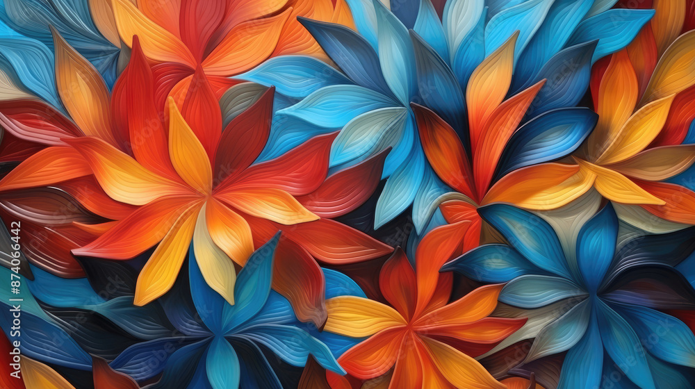 Abstract flower and leaf background. blue, orange, red and yellow colors., generative ai Abstract flower and leaf background. blue, orange, red and yellow colors., generative ai