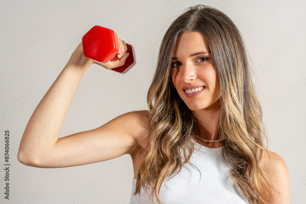 Woman Lifting Red Dumbbell - Strength Training Exercise Woman Lifting Red Dumbbell - Strength Training Exercise