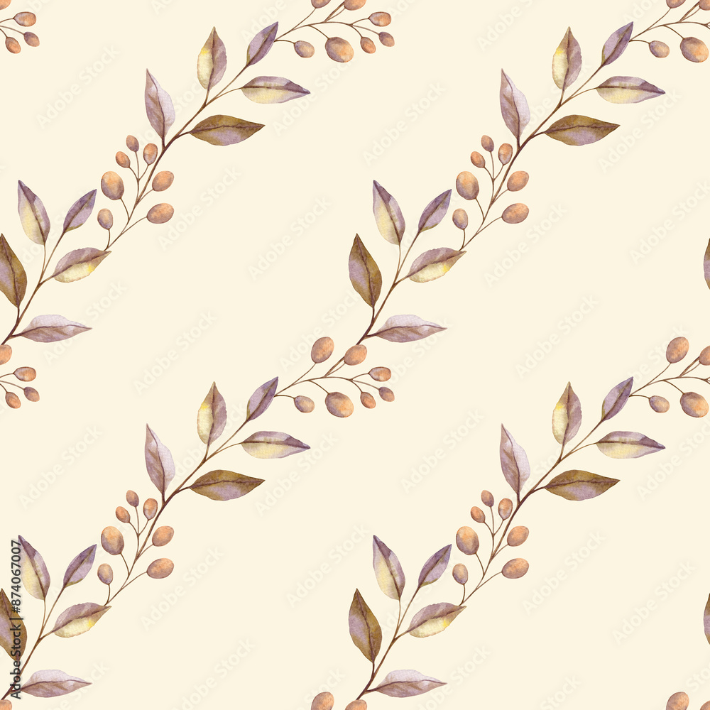 Leaves on a thin branch with berries diagonal seamless pattern on the light background. Hand painted watercolor fall floral illustration in beige and lilac colors for fabric and paper design. Leaves on a thin branch with berries diagonal seamless pattern on the light background. Hand painted watercolor fall floral illustration in beige and lilac colors for fabric and paper design.