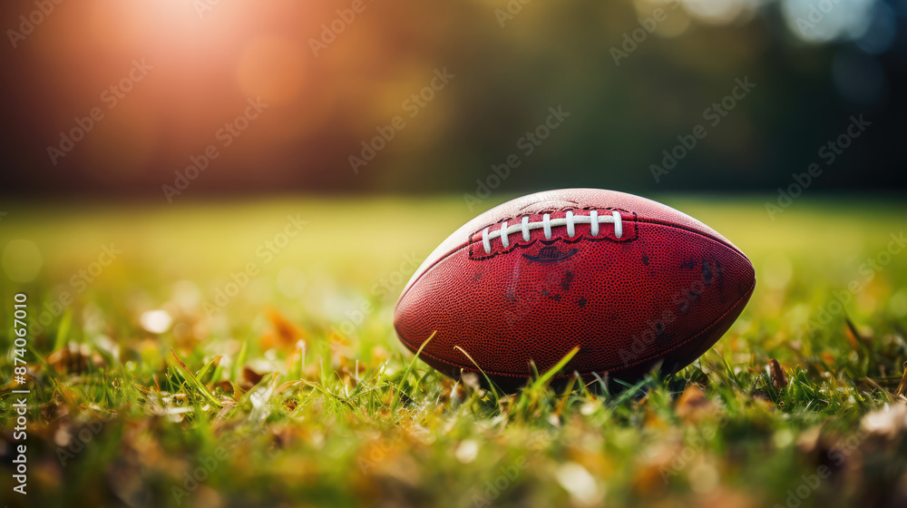 Close-up of an American Football on Grass Field, generative ai Close-up of an American Football on Grass Field, generative ai