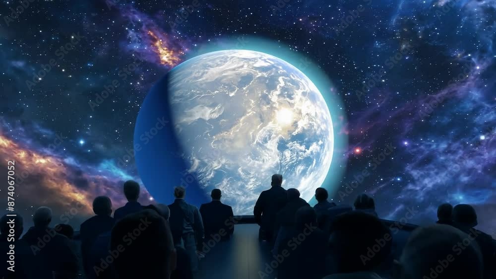 Spectacular view of Earth from space with observing people Spectacular view of Earth from space with observing people