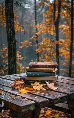 A stack of books on a wooden table with autumn leaves, set against a backdrop of a foggy forest with golden foliage.