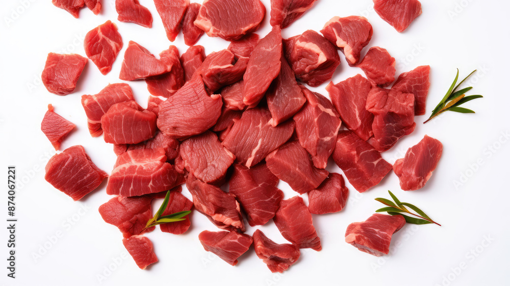 Raw beef meat isolated on white background. Top view. Flat lay , generative ai Raw beef meat isolated on white background. Top view. Flat lay , generative ai