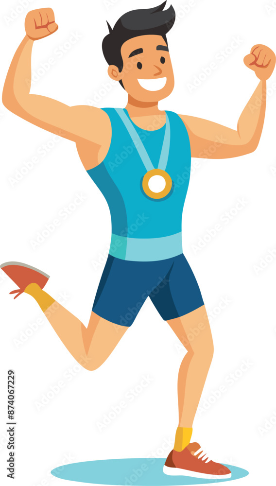 Happy Cartoon Athlete Winning with Medal in Hand Happy Cartoon Athlete Winning with Medal in Hand
