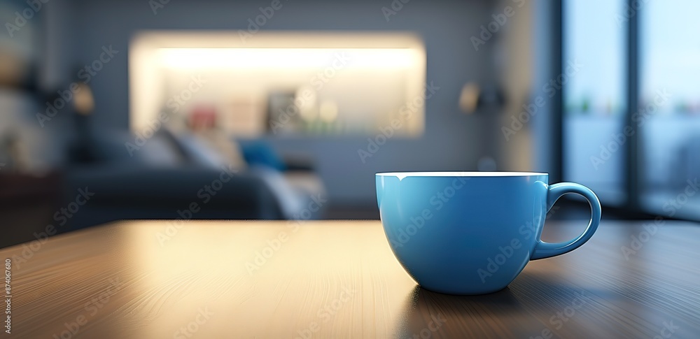 A light blue cup on a wooden table in a room with a blur effect background A light blue cup on a wooden table in a room with a blur effect background