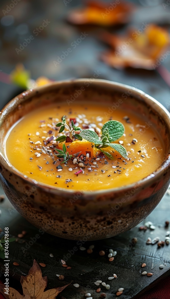 A bowl of creamy pumpkin soup garnished with fresh herbs, seeds, and autumn leaves. A bowl of creamy pumpkin soup garnished with fresh herbs, seeds, and autumn leaves.