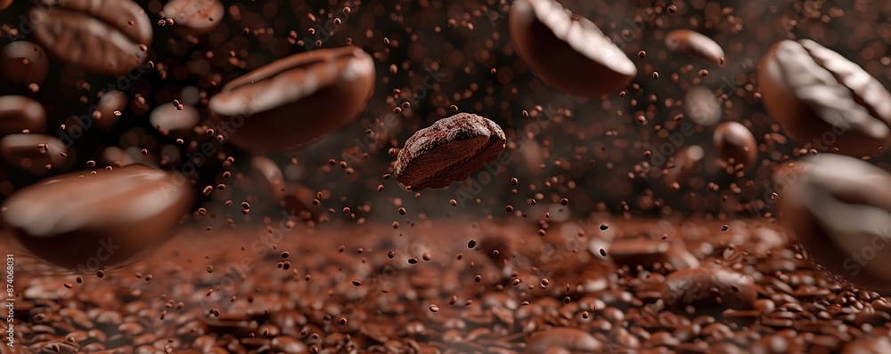 A number of chocolate seeds floating on a black background A number of chocolate seeds floating on a black background