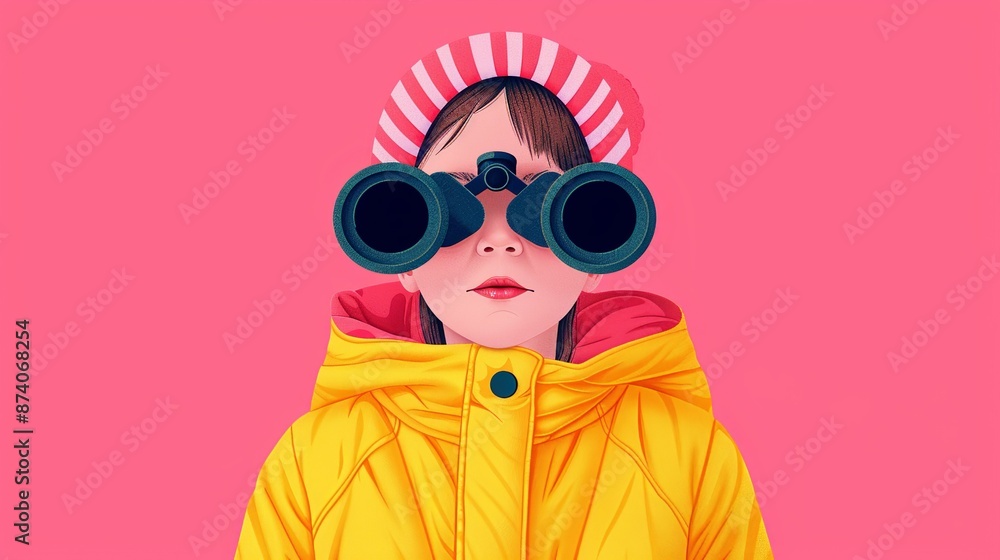 Fototapeta premium Illustrate optimism with a child looking through binoculars towards a bright future, with a smile full of hope. Illustration, Image, , Minimalism,