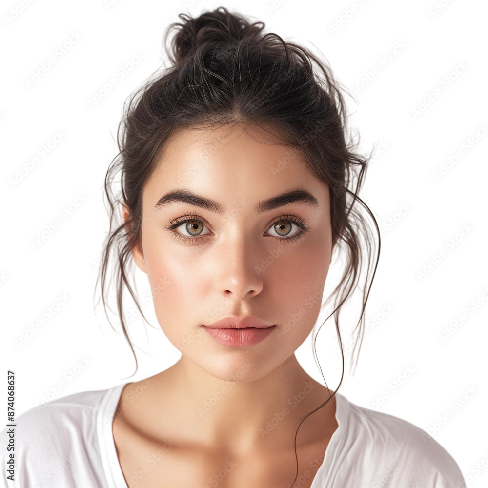 Young woman with dark hair and neutral expression, isolated on transparent background. Young woman with dark hair and neutral expression, isolated on transparent background.