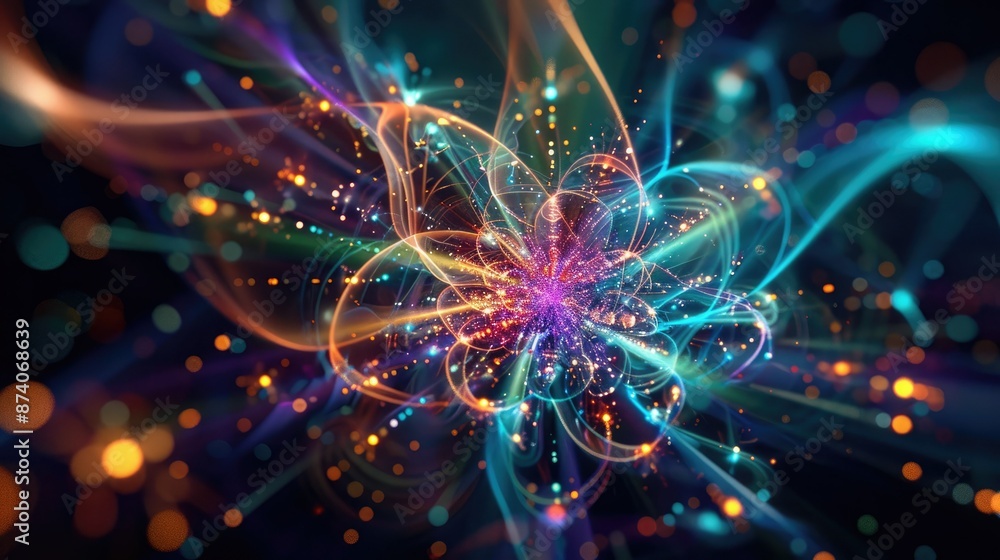 Obraz premium Vibrant abstract digital art with swirling neon colors and glowing particles, creating an energetic and dynamic visual effect.