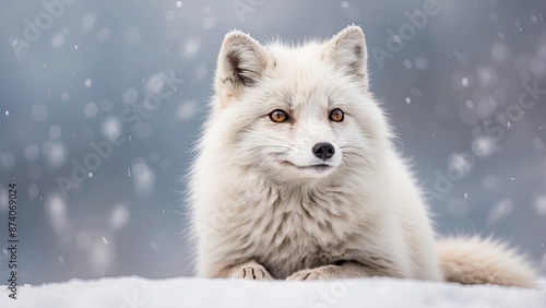 arctic fox sitting on snow, on snowing white and gray defocused background © UZAIR