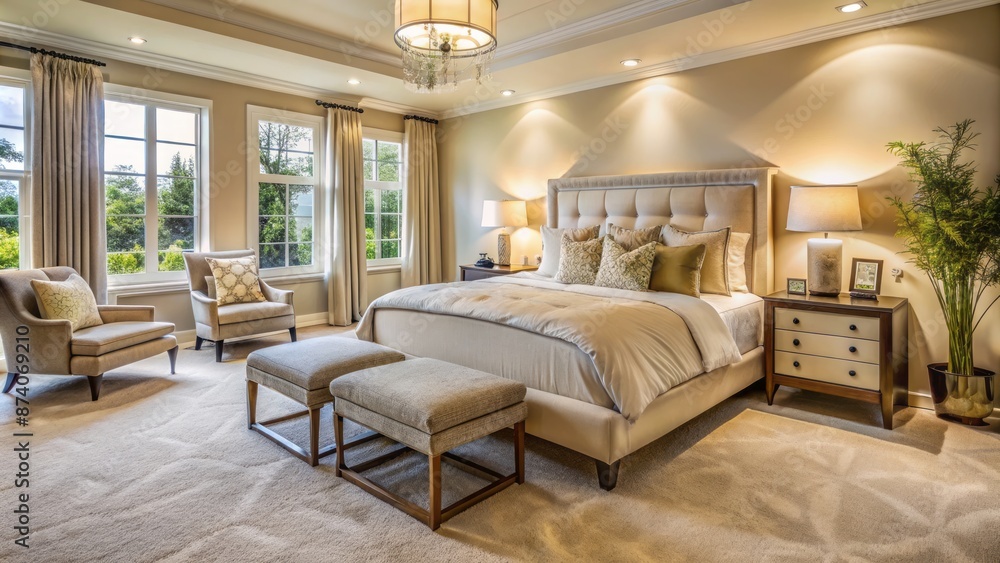 Cozy bedroom with plush carpet, soft cream walls, and elegant furniture, surrounded by calmness and warmth inviting relaxation atmosphere. Cozy bedroom with plush carpet, soft cream walls, and elegant furniture, surrounded by calmness and warmth inviting relaxation atmosphere.